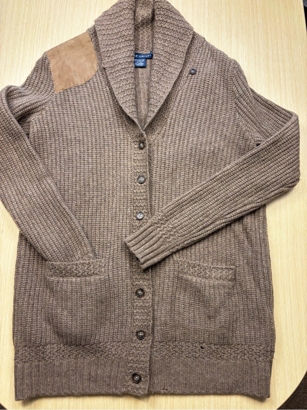 Ralph Lauren Blue Label Brown L Suede Shoulder Patch Wool Cashmere Cardigan